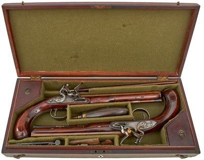 Lot 228 - A CASED PAIR OF 25-BORE FLINTLOCK DUELLING PISTOLS BY WOGDON & BARTON