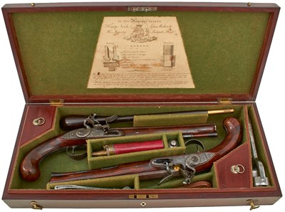 Lot 229 - A FINE CASED PAIR OF 20-BORE FLINTLOCK DUELLING PISTOLS BY HENRY NOCK