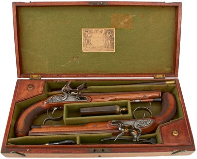 Lot 231 - A CASED PAIR OF 15-BORE FLINTLOCK DUELLING PISTOLS BY WILLIAM PARKER