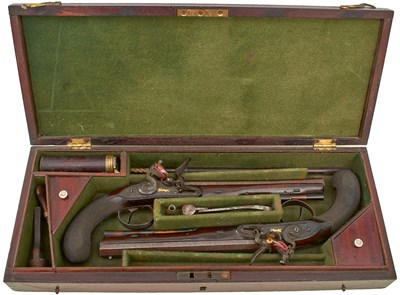 Lot 230 - A CASED PAIR OF 25-BORE FLINTLOCK DUELLING PISTOLS BY TWIGG