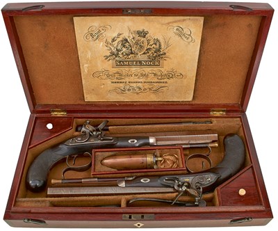 Lot 234 - A CASED PAIR OF 28-BORE FLINTLOCK DUELLING PISTOLS BY SAMUEL NOCK