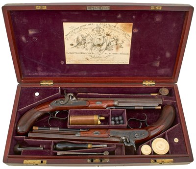 Lot 239 - A GOOD CASED PAIR OF 42-BORE PERCUSSION DUELLING PISTOLS BY THOMAS JACKSON MORTIMER