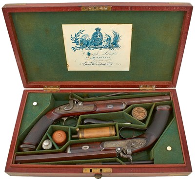 Lot 237 - A CASED PAIR OF 40-BORE PERCUSSION TARGET PISTOLS BY JOSEPH LANG