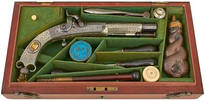 Lot 235 - A CASED 40-BORE PERCUSSION ALL STEEL SCOTTISH BELT PISTOL