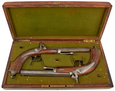 Lot 242 - A CASED PAIR OF .700 CALIBRE CONTINENTAL PERCUSSION OFFICER'S RIFLED PISTOLS