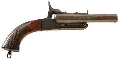 Lot 256 - A 25-BORE DOUBLE BARRELLED CONTINENTAL PINFIRE TRAVELLING PISTOL
