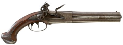 Lot 361 - AN 18-BORE FLINTLOCK OVER AND UNDER COACHING PISTOL BY GRIFFIN