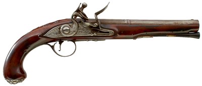 Lot 358 - A 22-BORE SILVER MOUNTED FLINTLOCK HOLSTER PISTOL BY BARBAR