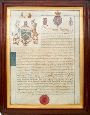 Lot 202 - THE ORIGINAL GRANT OF ARMS TO SIR WILLIAM SIDNEY SMITH FOR HIS MILITARY AND NAVAL ACTION AT ACRE