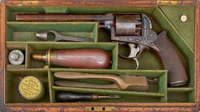Lot 464 - A SCARCE CASED 54-BORE FIVE-SHOT ADAMS PATENT TRANTER DOUBLE TRIGGER REVOLVER