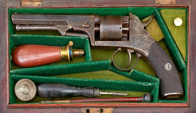 Lot 466 - A CASED 80-BORE FIVE-SHOT PERCUSSION WEBLEY TYPE OPEN FRAMED REVOLVER
