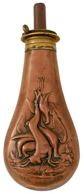 Lot 514 - FIVE COPPER POWDER FLASKS FOR SPORTING GUNS