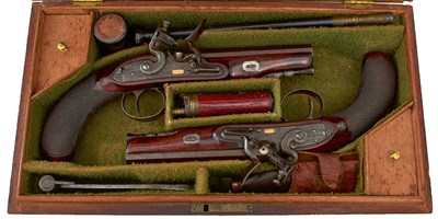 Lot 288 - A CASED PAIR OF 25-BORE SCOTTISH FLINTLOCK RIFLED TRAVELLING PISTOLS BY FINDLAY OF PAISLEY