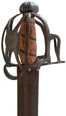 Lot 282 - A 17TH CENTURY SCOTTISH THIN-BARRED BASKET HILTED BROADSWORD