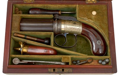 Lot 420 - A CASED 100-BORE SIX-SHOT PERCUSSION PEPPERBOX REVOLVER BY ALEXANDER THOMSON OF EDINBURGH