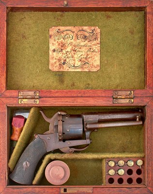 Lot 455 - A CASED 7MM ENGLISH SIX-SHOT PINFIRE REVOLOVER