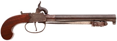 Lot 354 - AN UNUSUAL 50-BORE LONG-BARRELLED PERCUSSION BAYONET POCKET PISTOL