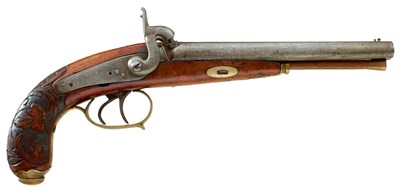 Lot 315 - A CONTINENTAL 54-BORE DOUBLE BARRELLED PERCUSSION TRAVELLING OR OFFICER'S PISTOL