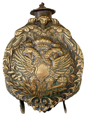 Lot 837 - AN 18TH CENTURY RUSSIAN BRASS POWDER FLASK