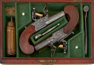 Lot 369 - A CASED PAIR OF 28-BORE FLINTLOCK BOXLOCK POCKET PISTOLS