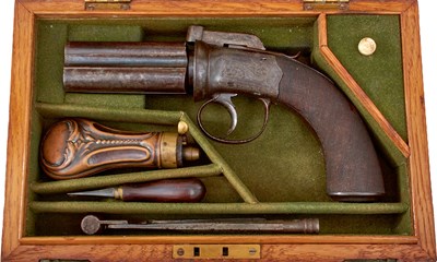 Lot 351 - A SCARCE 54-BORE FOUR-BARRELLED PERCUSSION PEPPERBOX REVOLVER BY REILLY