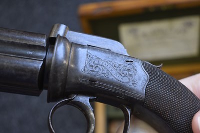Lot 351 - A SCARCE 54-BORE FOUR-BARRELLED PERCUSSION PEPPERBOX REVOLVER BY REILLY