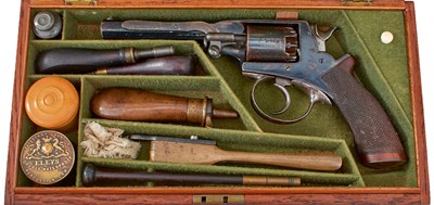 Lot 355 - A CASED 120-BORE FIVE-SHOT PERCUSSION BEAUMONT ADAMS REVOLVER