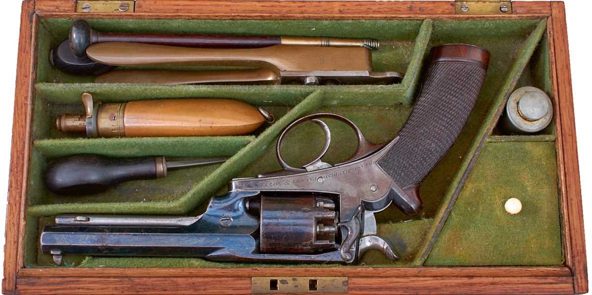 Lot 354 - A CASED 120-BORE FIVE-SHOT PERCUSSION 2ND MODEL DEANE HARDING REVOLVER