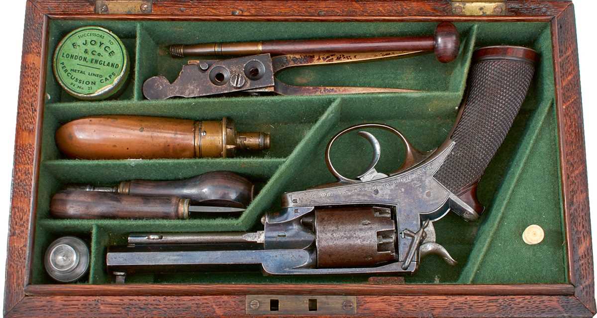Lot 353 - A CASED 120-BORE FIVE-SHOT PERCUSSION 1ST MODEL DEANE HARDING REVOLVER
