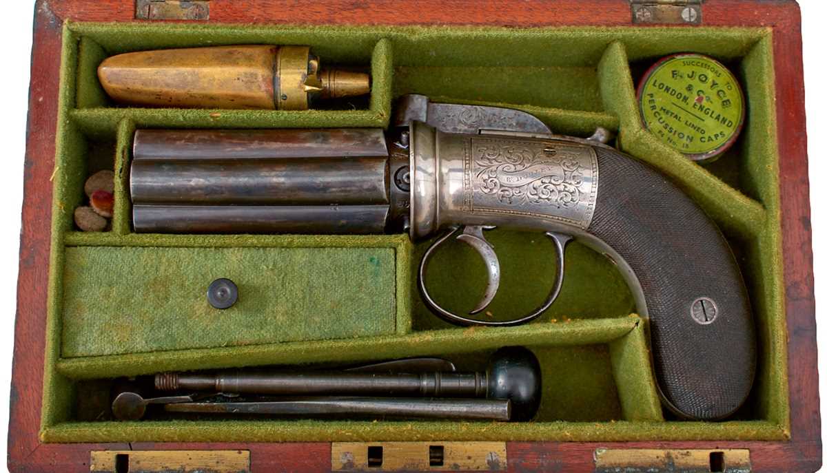 Lot 350 - A GOOD CASED 58-BORE SIX-SHOT PERCUSSION PEPPERBOX REVOLVER BY DOOLEY