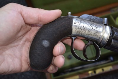Lot 350 - A GOOD CASED 58-BORE SIX-SHOT PERCUSSION PEPPERBOX REVOLVER BY DOOLEY