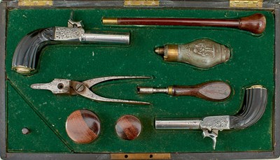 Lot 334 - A CASED PAIR OF 54-BORE FRENCH PERCUSSION BOXLOCK RIFLED POCKET PISTOLS