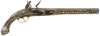 Lot 598 - A SCARCE 18-BORE SILVER AND CORAL MOUNTED ALGERIAN FLINTLOCK HOLSTER PISTOL