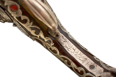 Lot 106 - A SCARCE 18-BORE SILVER AND CORAL MOUNTED ALGERIAN FLINTLOCK HOLSTER PISTOL