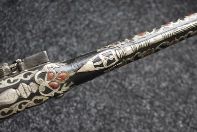Lot 106 - A SCARCE 18-BORE SILVER AND CORAL MOUNTED ALGERIAN FLINTLOCK HOLSTER PISTOL