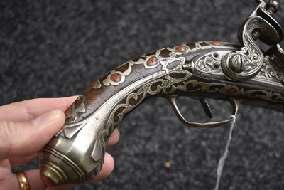 Lot 106 - A SCARCE 18-BORE SILVER AND CORAL MOUNTED ALGERIAN FLINTLOCK HOLSTER PISTOL