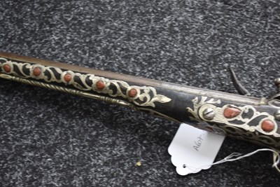 Lot 106 - A SCARCE 18-BORE SILVER AND CORAL MOUNTED ALGERIAN FLINTLOCK HOLSTER PISTOL