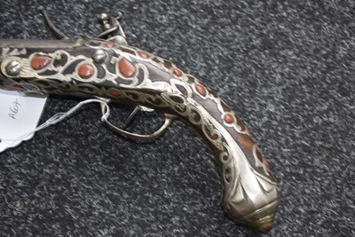 Lot 106 - A SCARCE 18-BORE SILVER AND CORAL MOUNTED ALGERIAN FLINTLOCK HOLSTER PISTOL