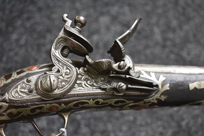 Lot 106 - A SCARCE 18-BORE SILVER AND CORAL MOUNTED ALGERIAN FLINTLOCK HOLSTER PISTOL