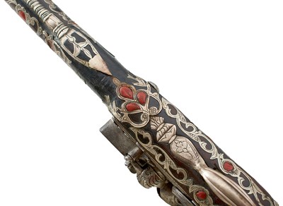 Lot 106 - A SCARCE 18-BORE SILVER AND CORAL MOUNTED ALGERIAN FLINTLOCK HOLSTER PISTOL