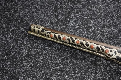 Lot 106 - A SCARCE 18-BORE SILVER AND CORAL MOUNTED ALGERIAN FLINTLOCK HOLSTER PISTOL