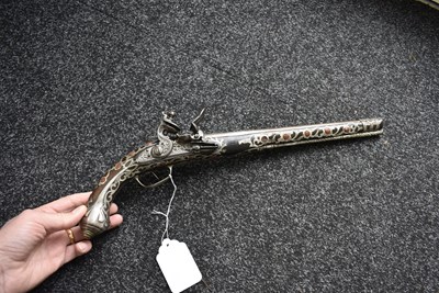 Lot 106 - A SCARCE 18-BORE SILVER AND CORAL MOUNTED ALGERIAN FLINTLOCK HOLSTER PISTOL