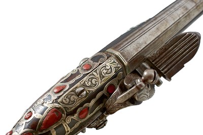 Lot 106 - A SCARCE 18-BORE SILVER AND CORAL MOUNTED ALGERIAN FLINTLOCK HOLSTER PISTOL
