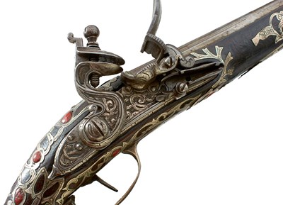 Lot 106 - A SCARCE 18-BORE SILVER AND CORAL MOUNTED ALGERIAN FLINTLOCK HOLSTER PISTOL