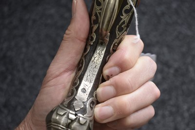 Lot 106 - A SCARCE 18-BORE SILVER AND CORAL MOUNTED ALGERIAN FLINTLOCK HOLSTER PISTOL
