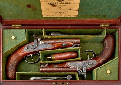 Lot 332 - A GOOD CASED PAIR OF 28-BORE DOUBLE BARRELLED PERCUSSION OFFICER'S OR COACHING PISTOLS BY WESTLEY RICHARDS