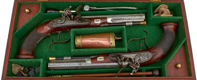 Lot 461 - A CASED PAIR OF 20-BORE FLINTLOCK DUELLING PISTOLS BY HOLMES OF LIVERPOOL