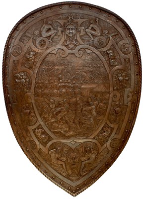 Lot 273 - A 19TH CENTURY BRONZED CAST PARADE SHIELD