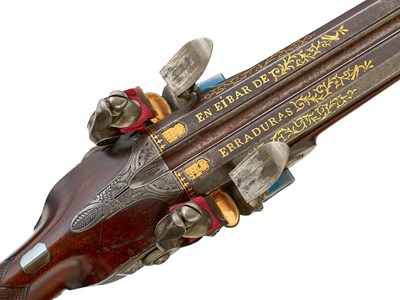 Lot 474 - FINE AND SCARCE 25-BORE GOLD INLAID SPANISH BARRELLED FLINTLOCK DOUBLE BARREL SPORTING GUN BY JOSEPH EGG