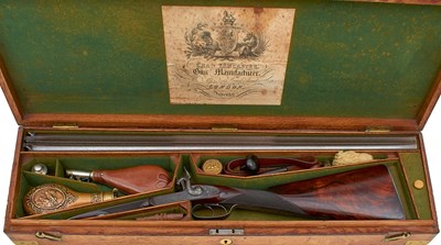 Lot 405 - A CASED 14-BORE DOUBLE BARRELLED PERCUSSION SPORTING GUN BY CHARLES LANCASTER